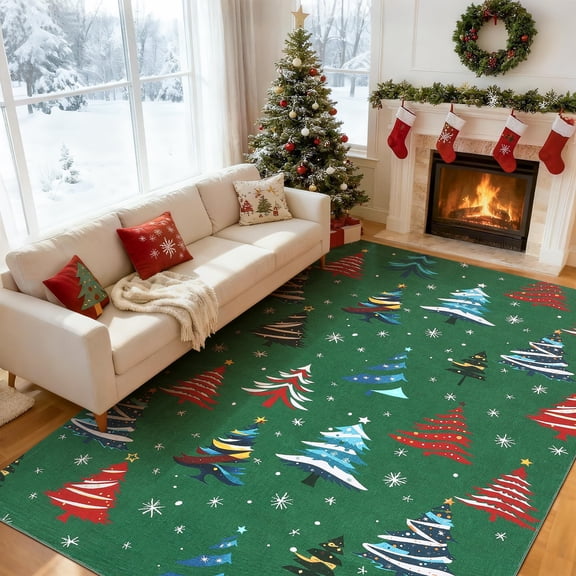 Green 8x10 Washable Rug for Home Decor,Indoor Non Slip Carpet,Soft Low Pile Christmas Rugs with Xmas Tree Motif for Entryway,Living Room,Bedroom