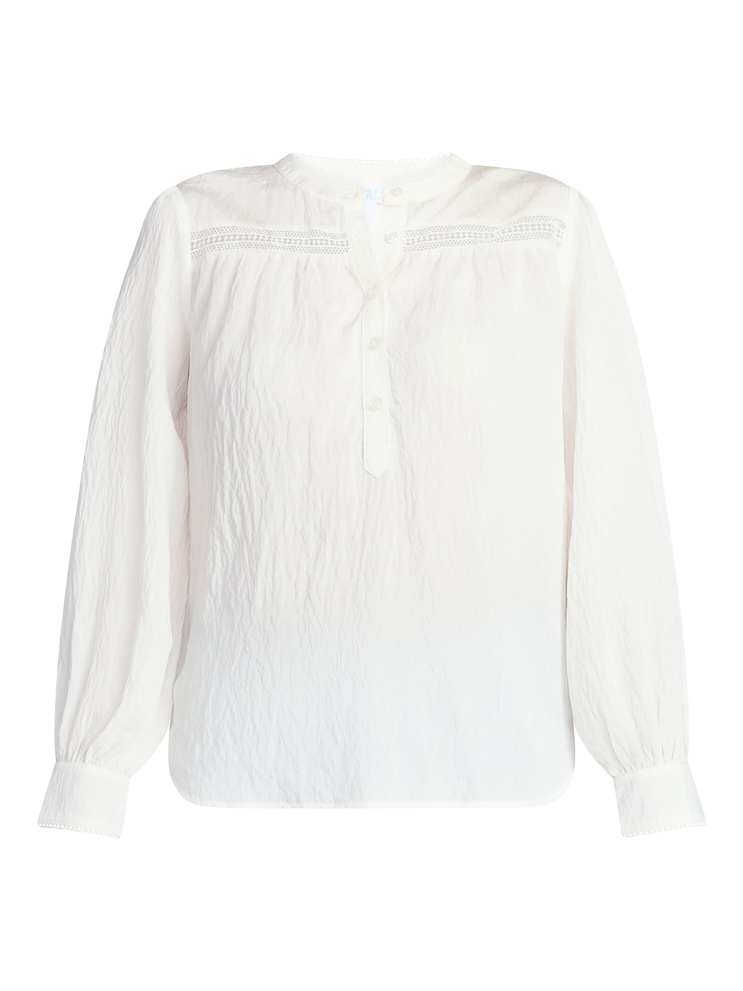 Time and Tru Women's Lace Yoke Half Button Shirt with Long Sleeves Sizes XS-XXXL