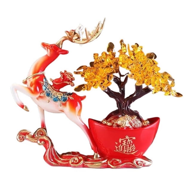 Árbol de la fortuna con piedras preciosas, adornos de ciervo for atraer la riqueza, decoración Feng Shui for el hogar