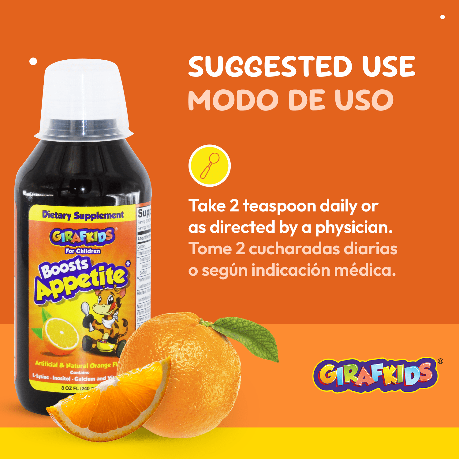 GirafKids Appetite Booster Syrup for Kids with L-Lysine and B Vitamins, Orange Flavor, 8 Fl Oz -  Supports Healthy Appetite and Daily Energy, 24 Servings, Ages 4+