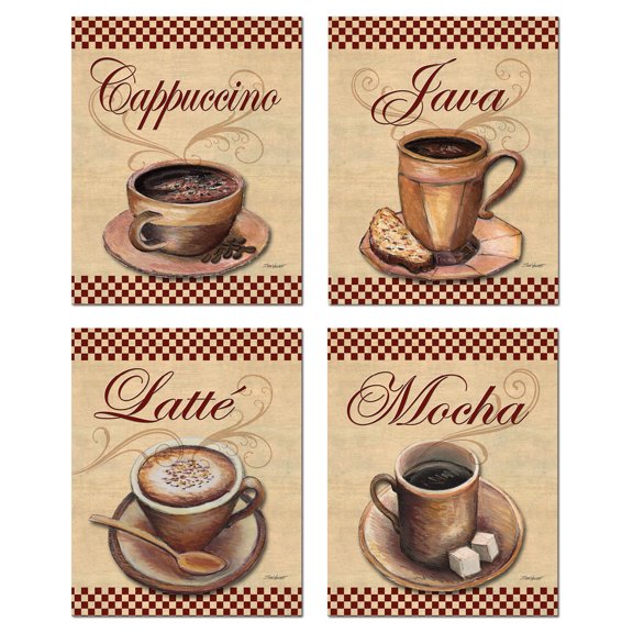 Lovely, Classic Coffee Cups; Mocha, Cappacino, Latte, and Java Signs; Four 11x14 Poster Prints