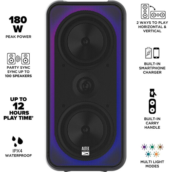 bocina altec lasing inalámbrico para Fiesta de 180 W Altavoz Bluetooth con una batería de Larga duración de 12 Horas, Varios Modos LED de Fiesta, múltiples Modos y Graves