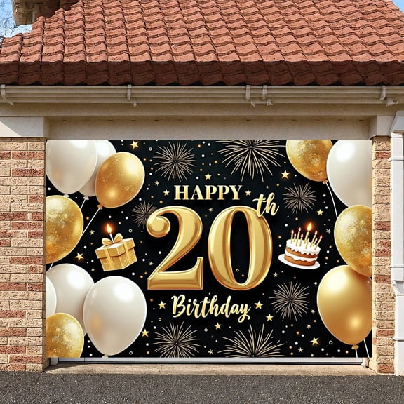 Golden Happy 20th Banner Gold Balloons 20th Birthday Display Fireworks Design Gift Box Birthday Backdrop for 20th Birthday Party Young Adults Indoor Decoration