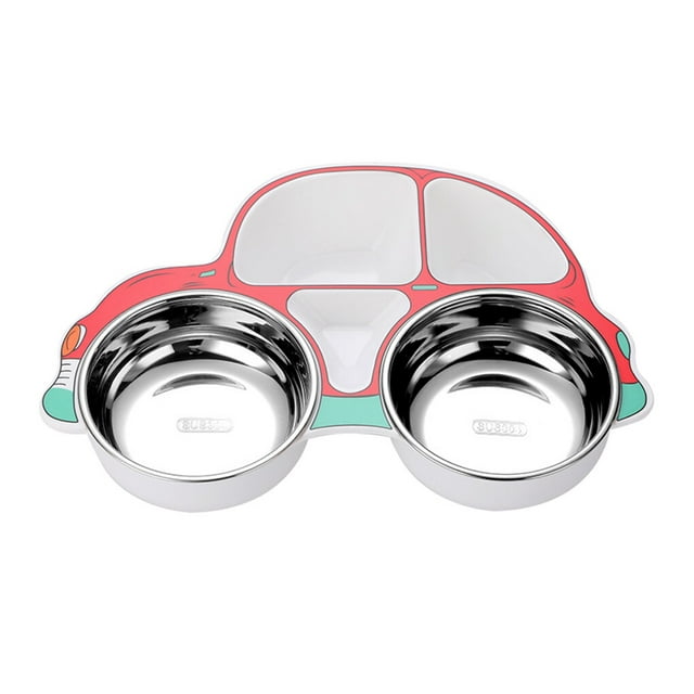 Stainless Steel Kids Tableware Set Spoon Fork Cartoon Car Shape Compartment Design Baby Bowl Cutlery for Kitchen Red Car/Bowl/removable