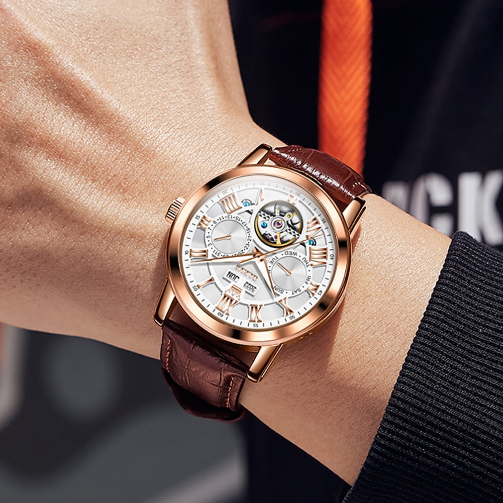 OLEVS Automatic Watches for Men Self Winding Mechanical Skeleton Flywheel Multifunction Luxury Dress Roma Rumerals Calendar Waterproof Luminous Men Wrist Watches Leather