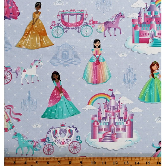 Cotton Fairytale Dreams Royal Cuties Princesses Kids Children's Blue Cotton Fabric Print by the Yard (14527-55)