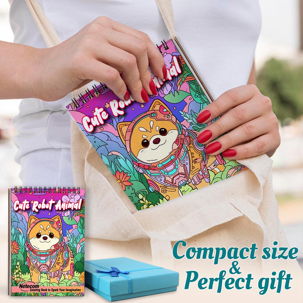 Netecom Cute Robot Animal Coloring Book for Adults, A5 Wooden Cover, Spiral Bound Edition, 30 Adorable Coloring Pages of Robot Animals for Stress Relief and Relaxation