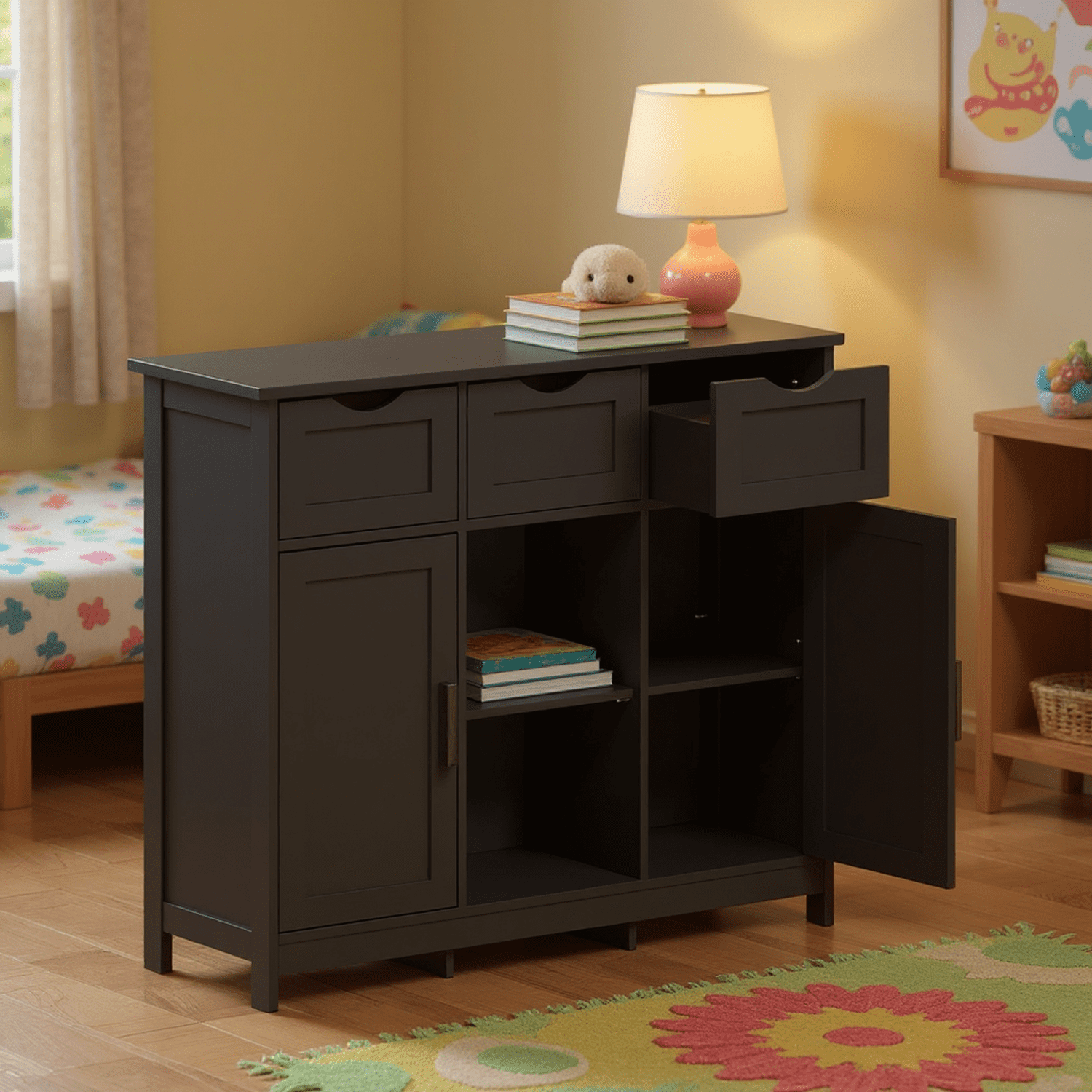 Homy Casa Accent Cabinet with Drawers and Shelves, Wooden Storage Cabinet for Living Room, Bedroom,Black