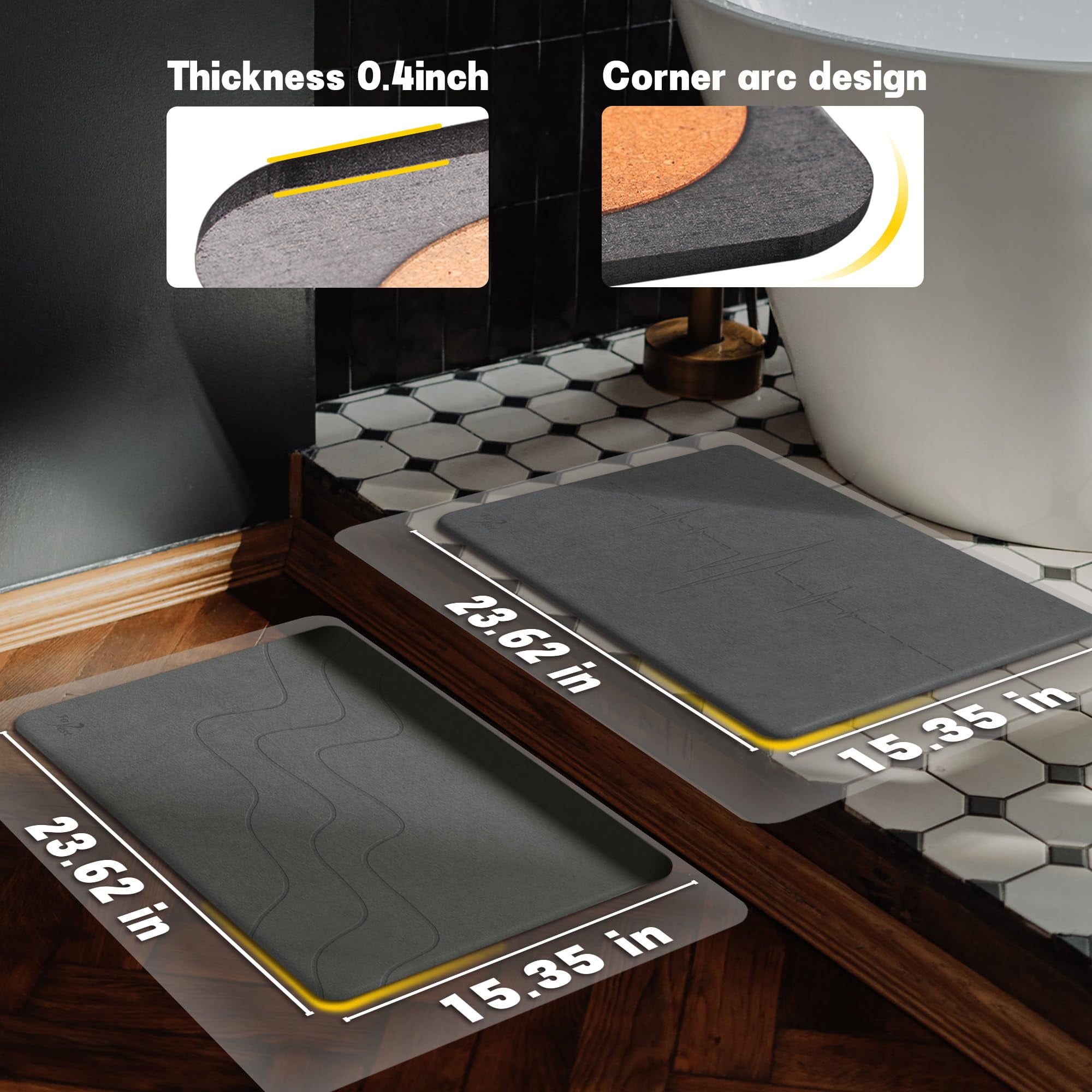 2 Pack Stone Bath Mat, Diatomaceous Earth Fast-Drying & Super Absorbent Diatomite Mats for Bathroom,Grey,23.62*15.35in