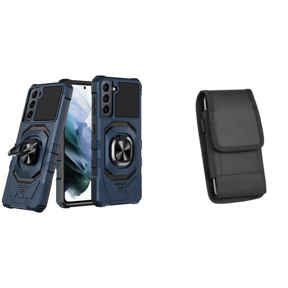 Case with Belt Holster Bundle for Samsung Galaxy S22 Ultra: Heavy Duty Shield Cover (Blue) and Vertical Nylon Phone Pouch