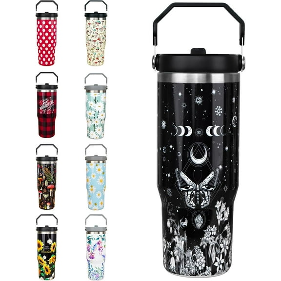 30oz Goth Gothic Tumbler with Handle and Straw, Stainless Steel Vacuum Insulated Flip Straw 30 oz Butterfly Tumbler, Spill Proof Moon Travel Mug, Witch Decor Gifts for Women