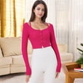thumbnail image 2 of Women's Button-Up Long Sleeve Crop Top with Scoop Neck and Thumbhole Cuffs- Large, Fuchsia, 2 of 5