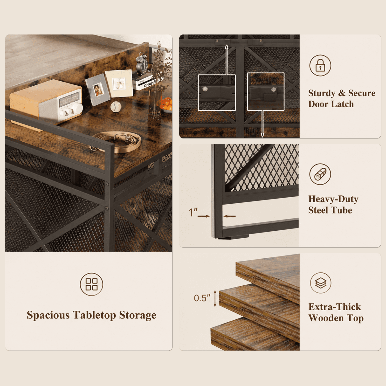 Fowroa 48" Dog Crate with Wheels Dog Crate Furniture for Large Dogs up to 90 lbs, Waterproof Top, Brown