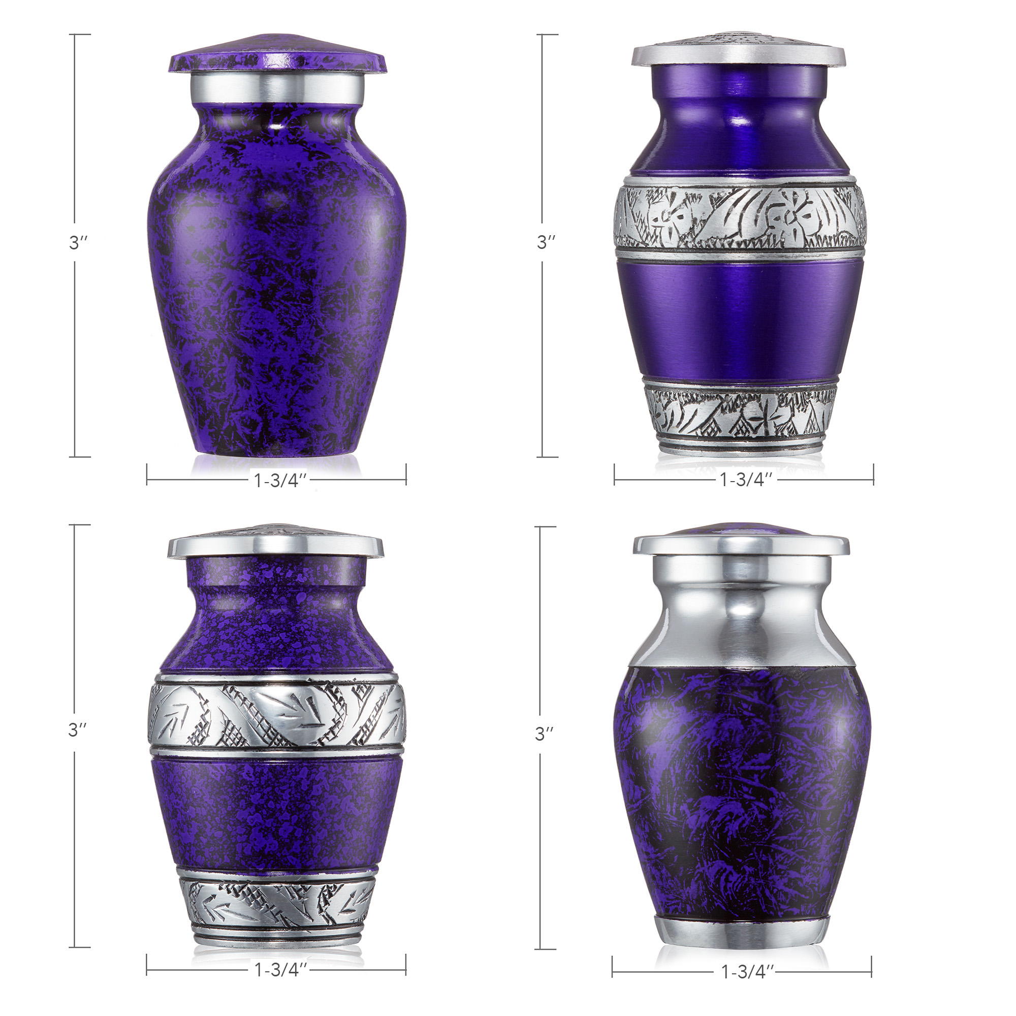 Reminded  Small Cremation Keepsake Urns for Human Ashes, Set of 4 Purple and Silver Miniature Urns with Velvet Case and Bags