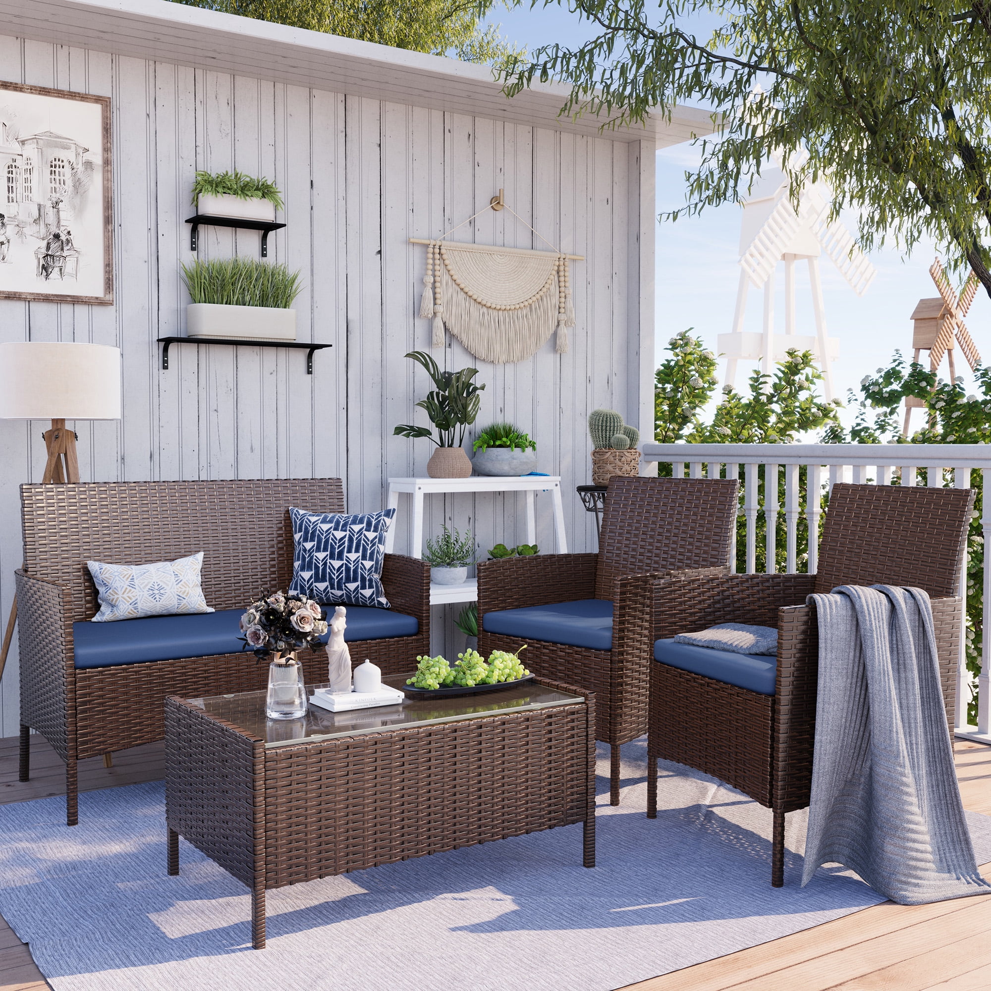 MRUAKA Patio Furniture Set 4 Pieces Porch Furniture Outdoor Modular Wicker Patio Sectional Conversation Furniture Set for Backyard,Porch,Garden,Poolside and Balcony(Blue)