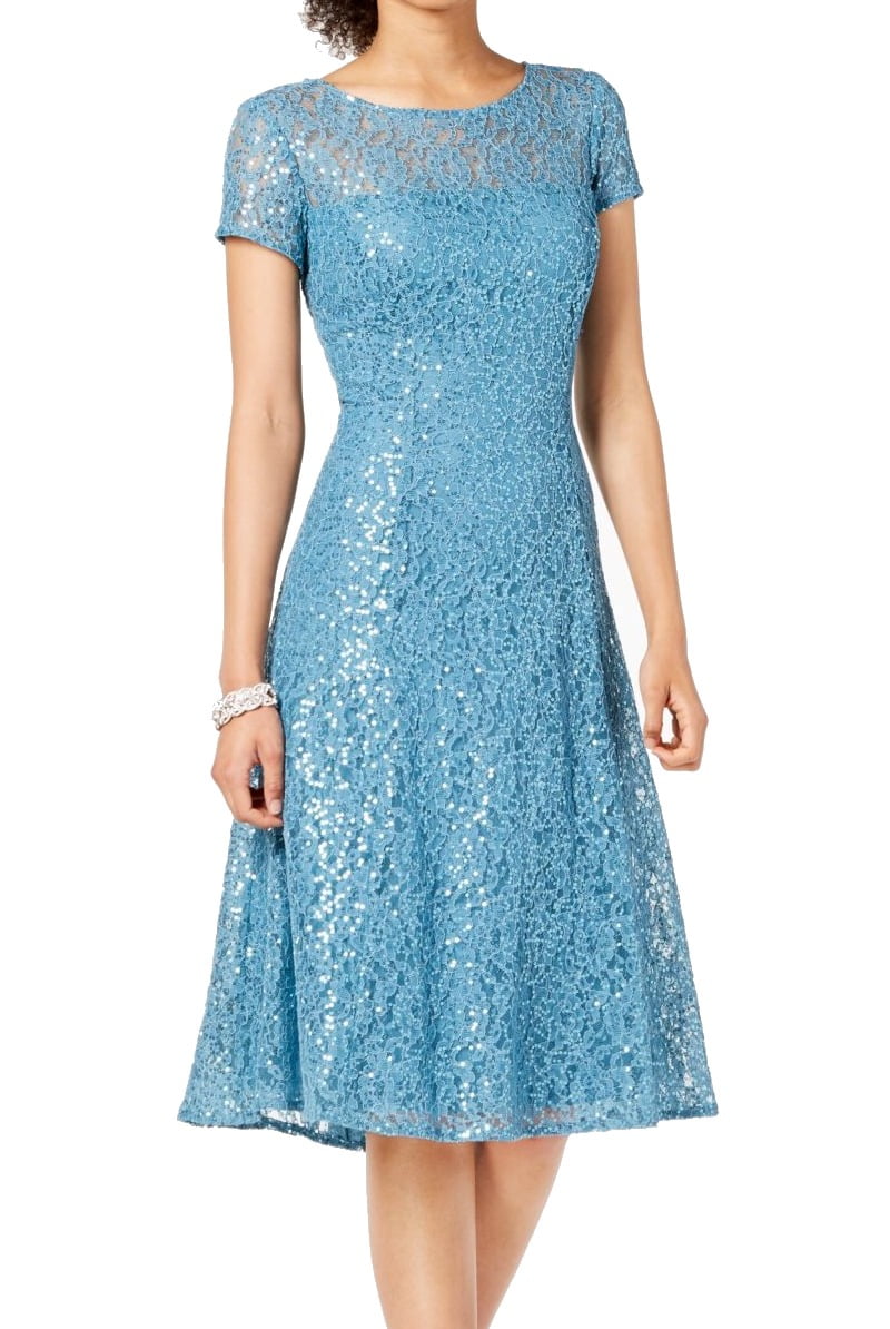SLNY - SLNY Womens Blue Sequined Lace Short Sleeve Jewel Neck Midi A ...