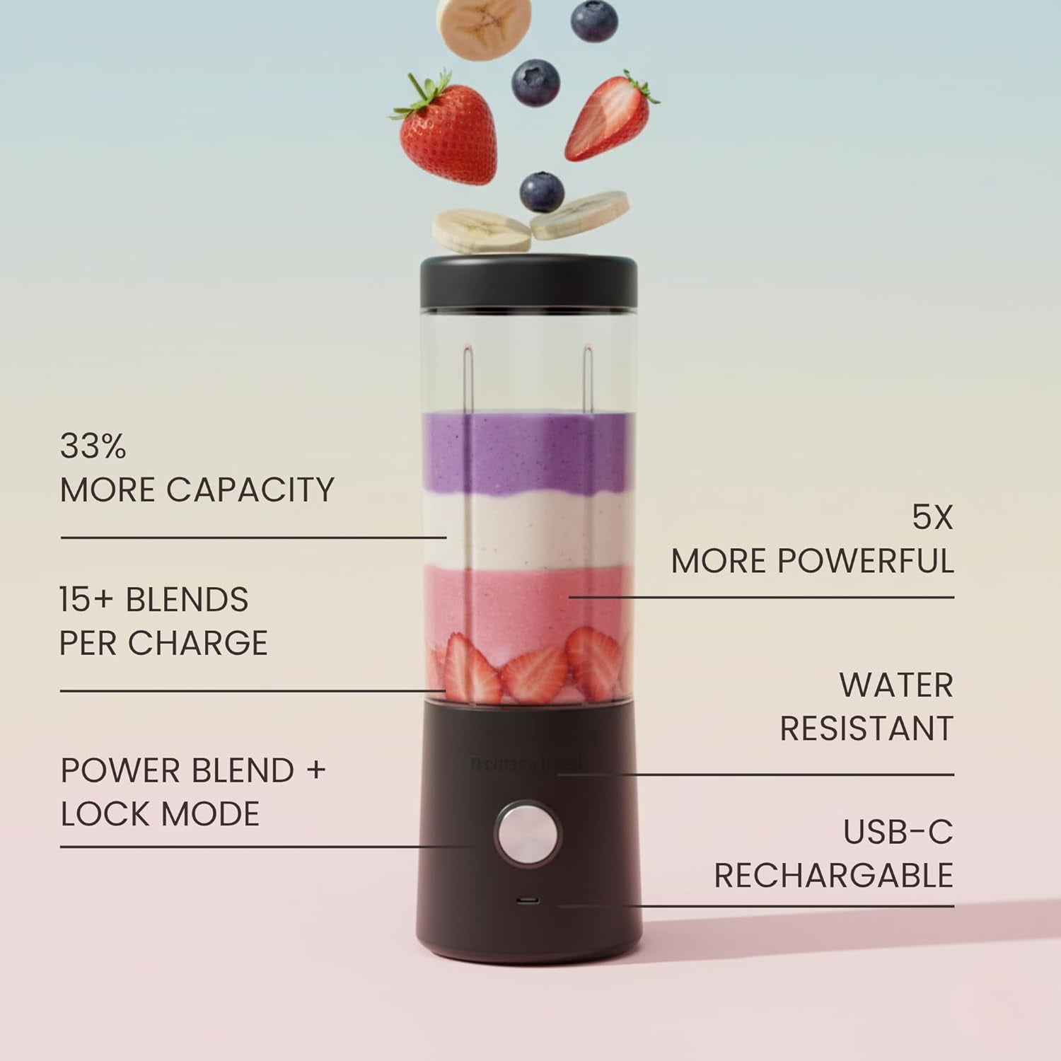 Portable Blender for Smoothies & Shakes – 16oz Mini Personal Blender Bottle, USB-C Rechargeable & Self-Cleaning – Black – Perfect Holiday Gift