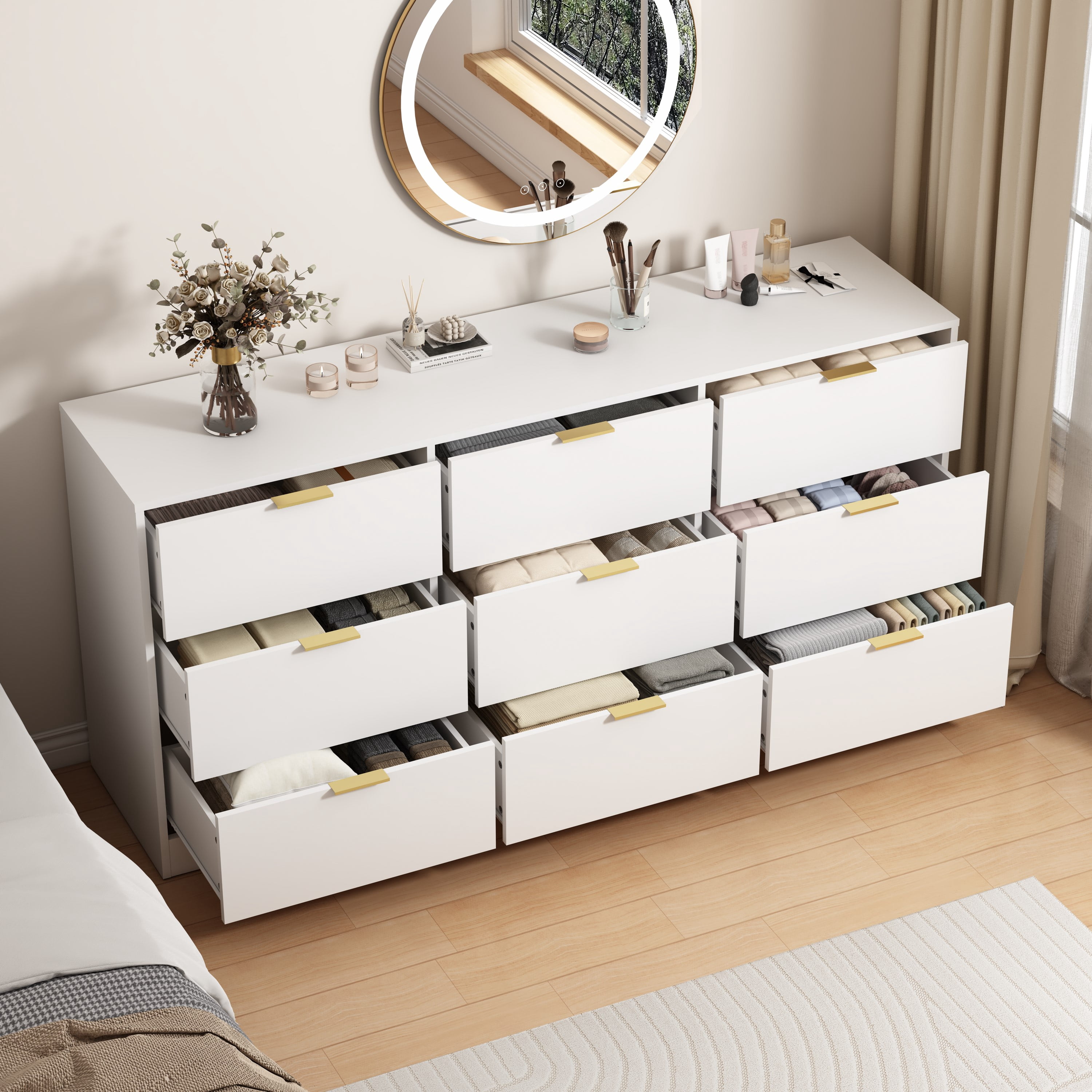 Mintazer 9 Drawers Dresser, 63" Large Deep Storage Chest of Drawers with Gold Metal Handles for Entryway Bedroom Living Room Hallway, White