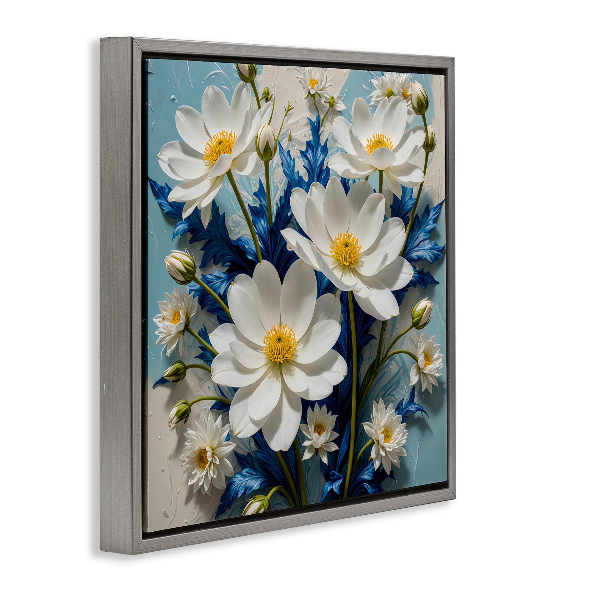 Stupell Industries Magnolias & Blue Florals Plants & Flowers Painting Gray Floater Framed Canvas Art Print Wall Art, 18 x 18