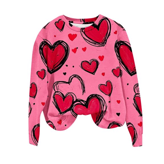 qucoqpe Valentine's Day Womens Tops Fashion Heart Printed Crew Neck Pullover Shirts Long Sleeve Sweatshirts