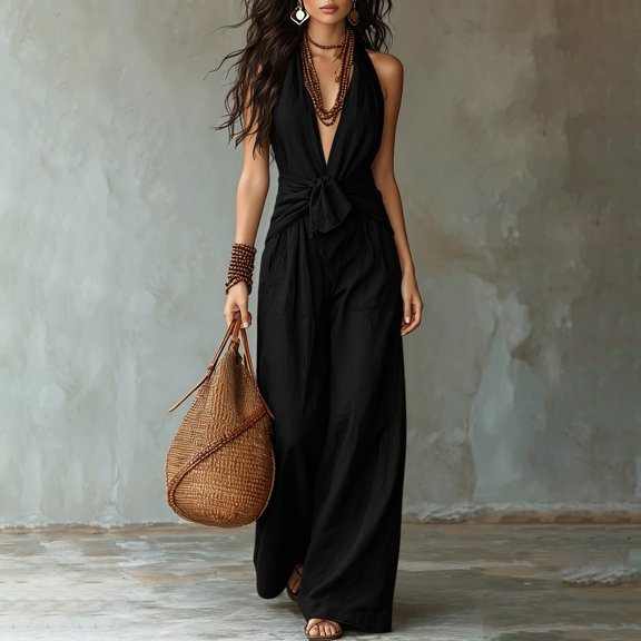 IUYRTFE Women's Sleeveless Halter Neck Tie Waist Wide Leg Jumpsuit with Pockets Casual Long One Piece Romper