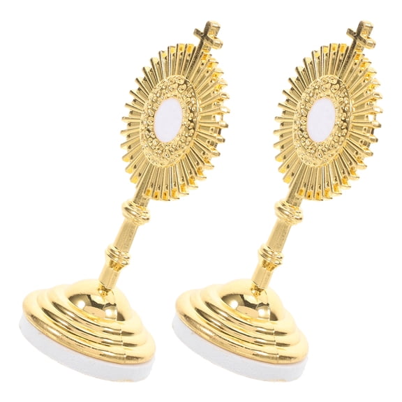 DEEPCRAFF 2-Pack Golden Metal Standing Cross Decoration for Desk, Catholic Tabletop Crucifix for Prayer Space