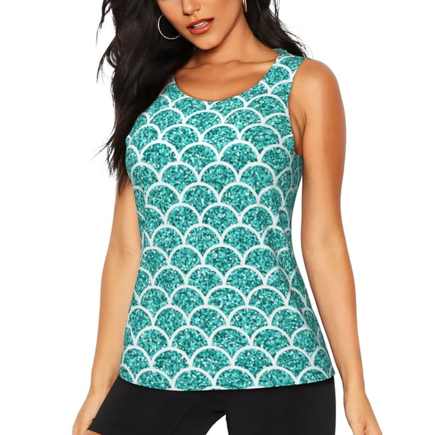 Fotbe Aquamarine Glitter1 Blusas Sin Mangas para Mujer – Estilo Casual, Corte Suelto, Slim-Fit, Cuello Redondo Deportivo, Tops de Verano para Gimnasio y Yoga-Large
