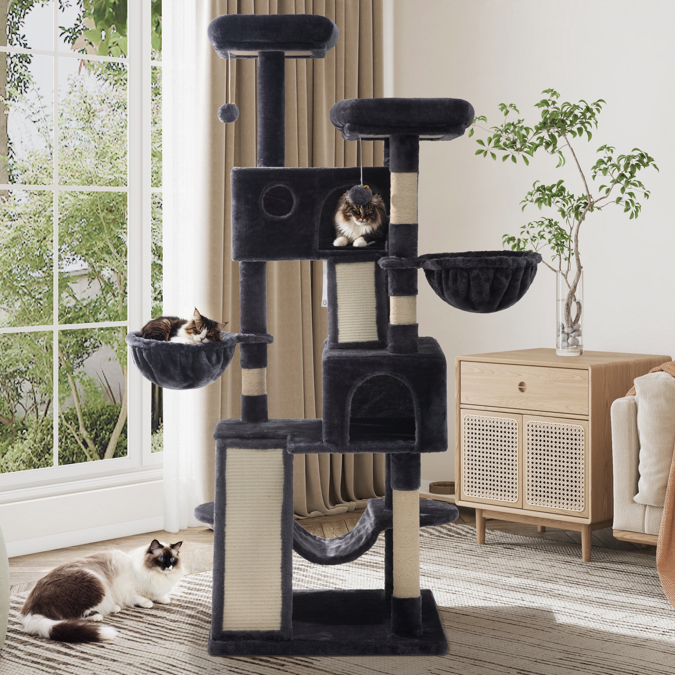 Sifurni 65.7" Large Cat Tree Tower Condo House for Cats with Hammock & 2 Scratching Boards, Dark Blue