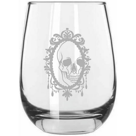 

Mirror Skull 3 Happy Halloween Etched 15.25oz Libbey Stemless Wine Glass