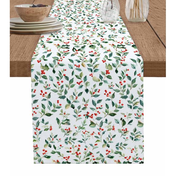 Ldtrchee Green Botanical Christmas Table Runner 70 Inches, Watercolor Xmas Berry Red Bed Runner Dresser Scarves Tabletop for Indoor Outdoor Parties/Ceremony/Banquet, 13" x 70"