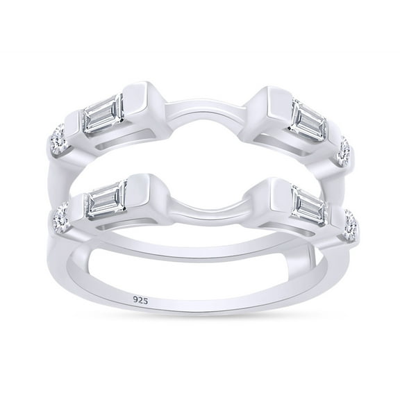 Round & Baguette Cubic Zirconia Simple Classic Guard Enhancer Ring in 14k White Gold Over Sterling Silver (0.46 Cttw)