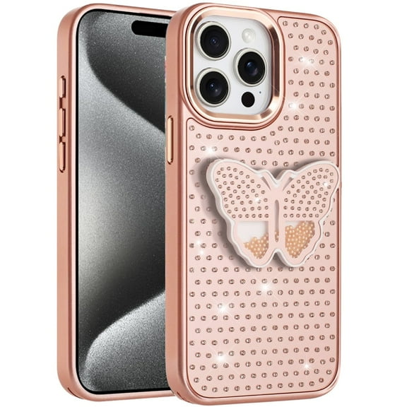 XPM for Apple iPhone 16 Pro Max Phone Case, Butterfly Moveable Grip 3D Pop Stand Full Diamond Bling Sparkling TPU Fashion Hybrid Cover for iPhone 16 Pro Max (Rose Gold)