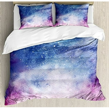 Ambesonne Navy and Blush Duvet Cover Set, Watercolor Style Starry Space Galaxy Nebula Abstract Cosmos Inspired, Decorative 3 Piece Bedding Set with 2 Pillow Shams, Queen Size, Salmon Pink