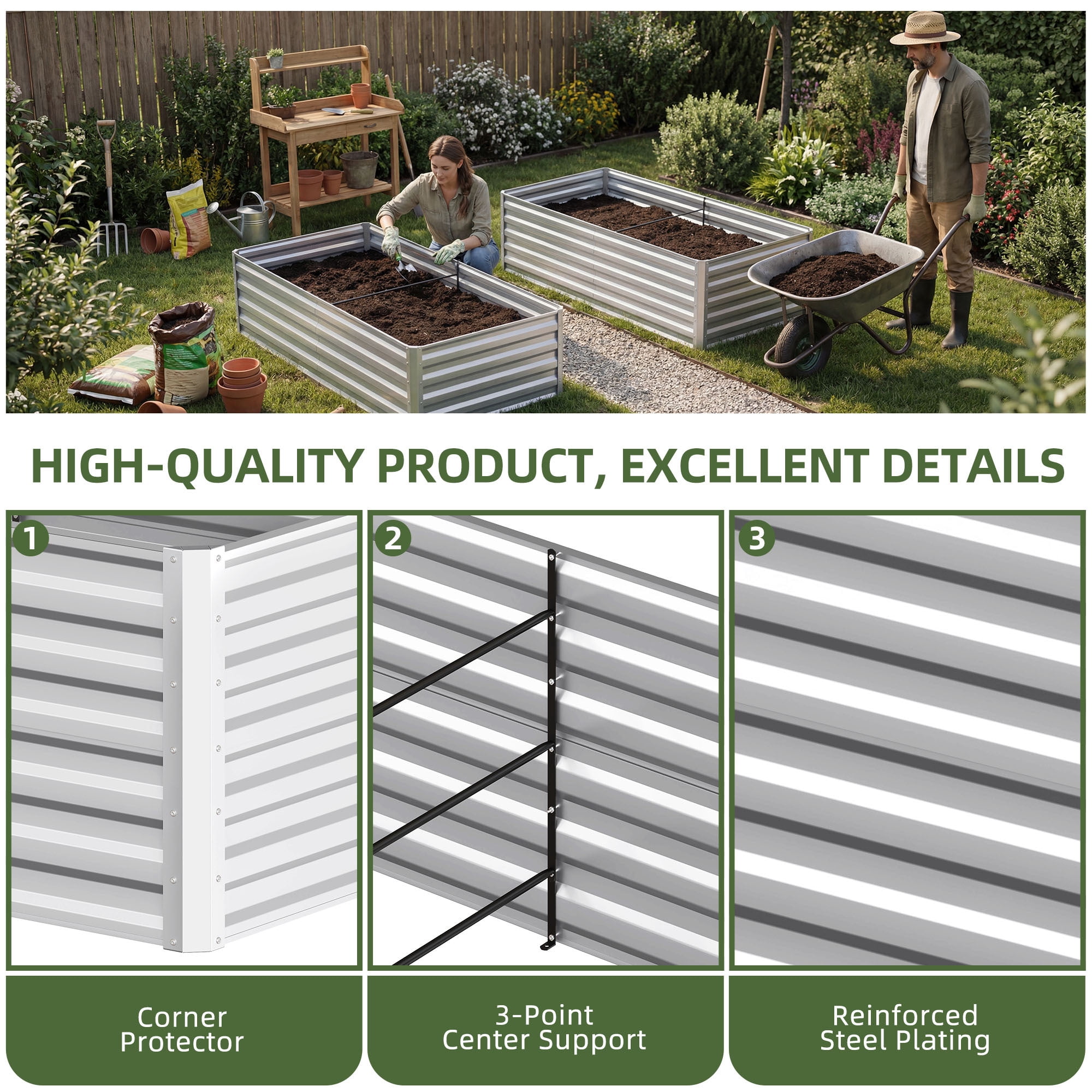 Uforic 2 Pack 6x3x2 f Silver Galvanized Raised Garden Bed Kit, Metal Planter Box with Gloves, Ground Nails & Support Rod, Outdoor Above-Ground Planter for Plants, Vegetables, and Flowers