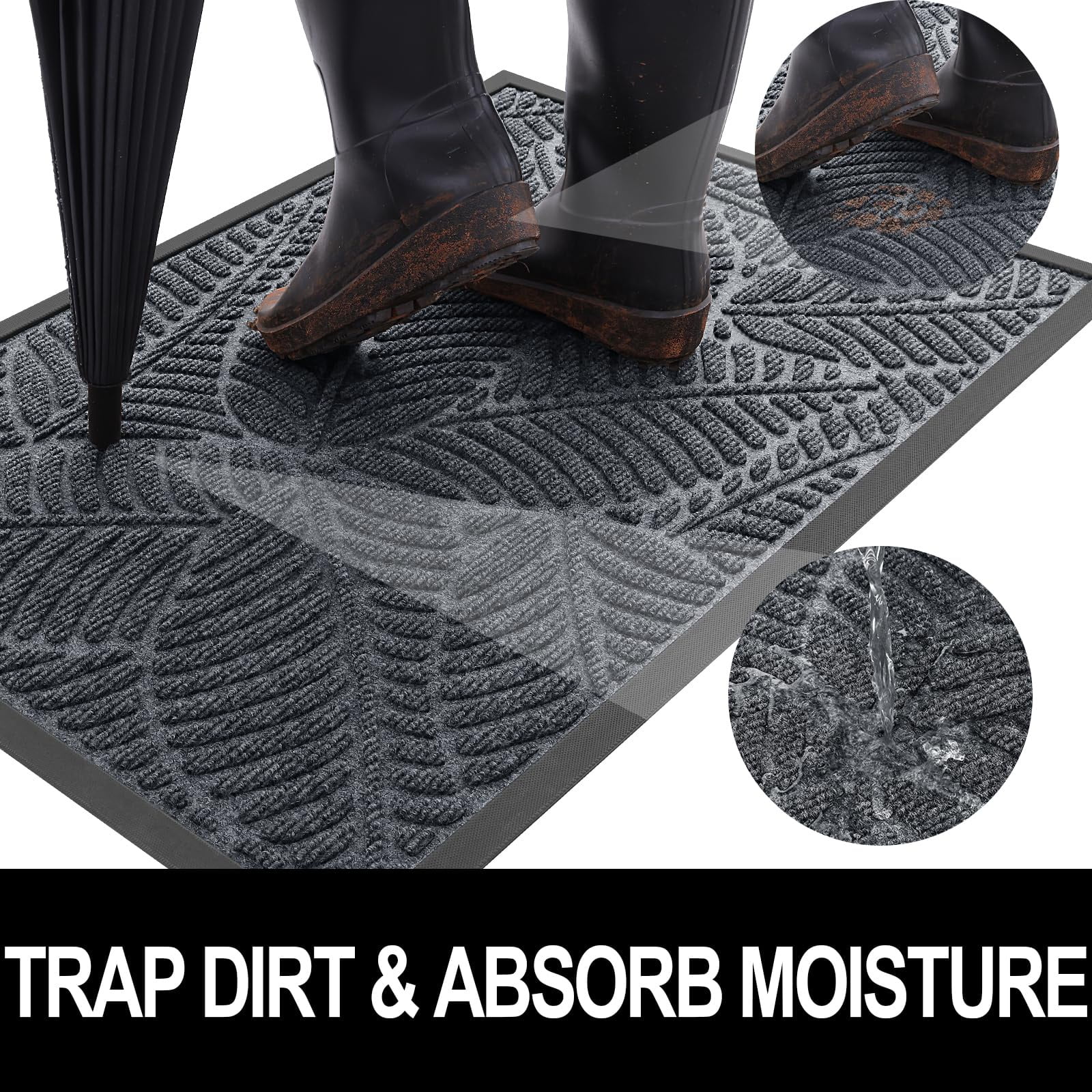 Buganda Waterproof Doormat, Non Slip Absorbent Rubber Door Mat for Outdoor and Indoor, Low Profile Dirt Trapper Front Door Rug, 30"x17",Grey