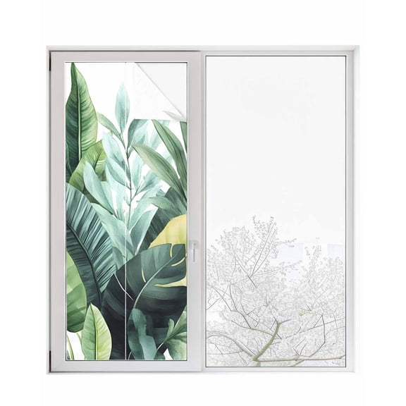 Window Privacy Film Tropical Plants Stained Glass Window Film Decorative Sun Block Window Cover Country Summer Green Palm Leaves Window Clings Static Adhesive Sticker for Bathroom 23.6"x59"