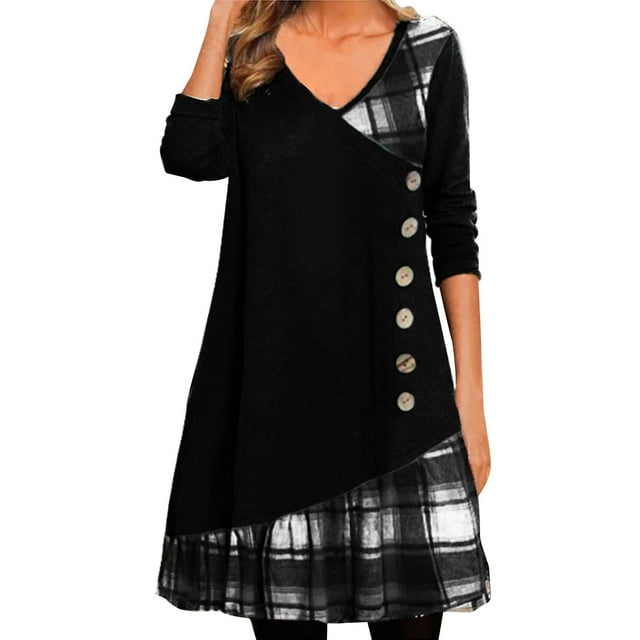 Kcodviy Robes à Manches Longues pour Femmes à Col en V pour Petites Femmes Robe Patchwork Robe Midi Décorée Robe à Boutons Robe à Imprimé Carreaux
