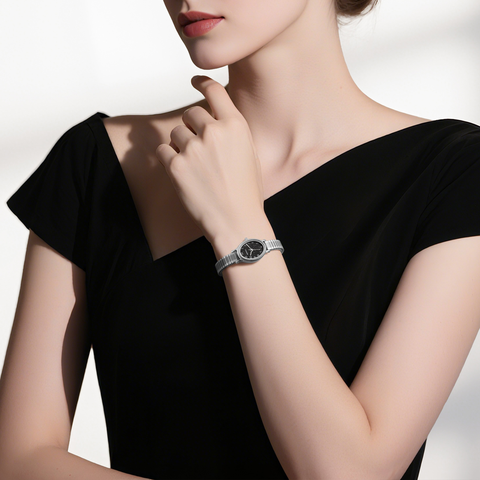 BERNY Small Silver Watches for Women, Dainty Luxury Oval Dial, Expansion Band Watch, Fashion Ladies Analog Quartz Watch, Waterproof Women Wristwatch Gifts, Black