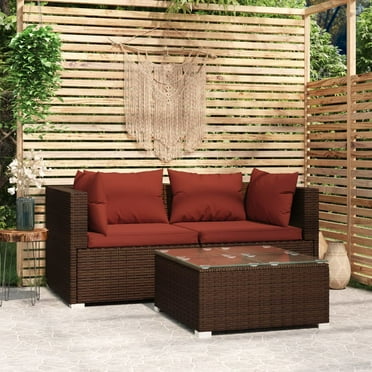 vidaXL Patio Furniture Set 3 Piece with Cushions Brown Poly Rattan