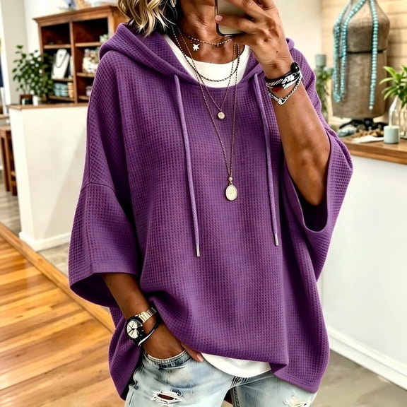 Womens Hoodies Casual Waffle Knit 3/4 Sleeve Drawstring Pullover Sweatshirts Lightweight Hooded Tops