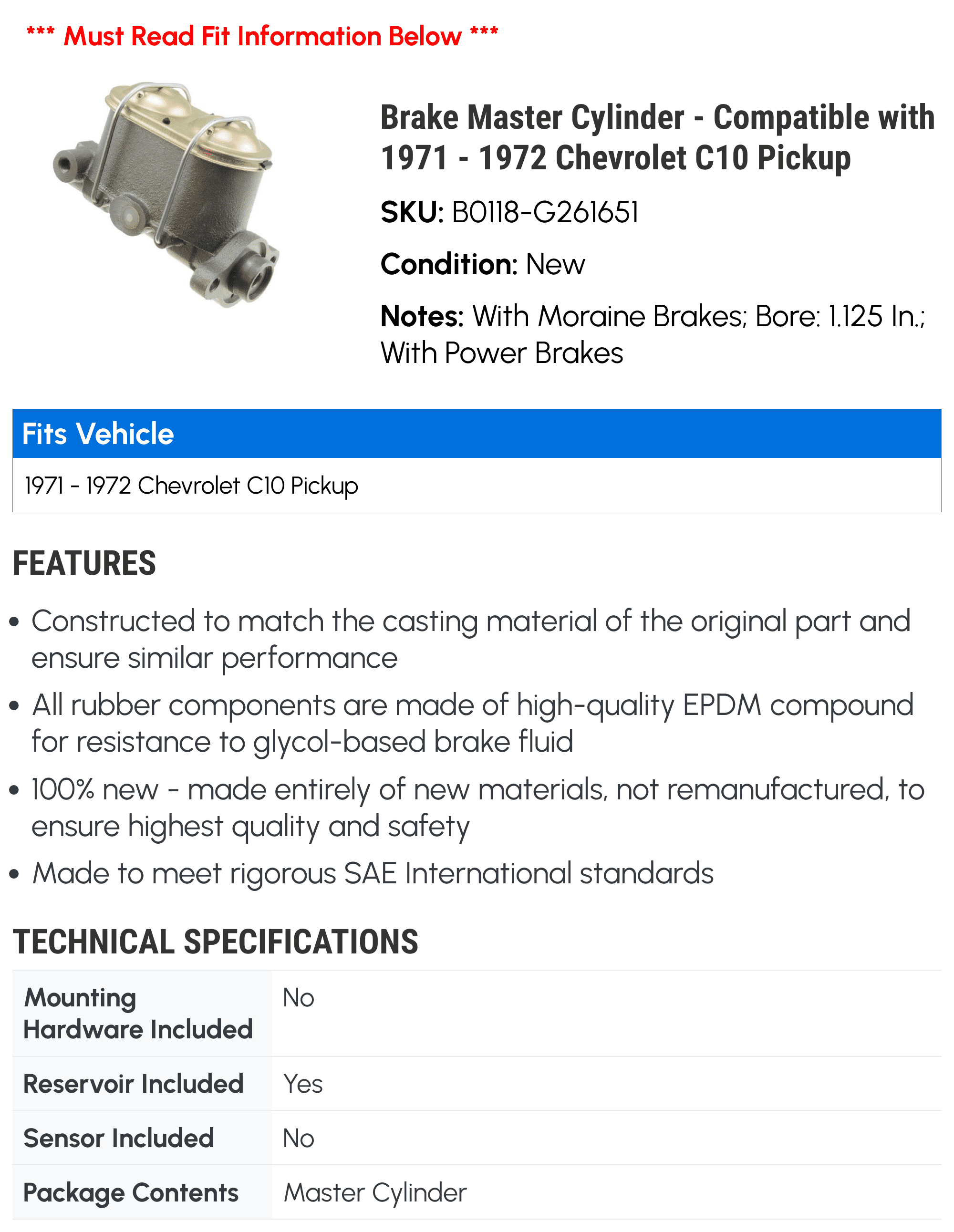 Brake Master Cylinder - Compatible with 1971 - 1972 Chevrolet C10 Pickup - Dorman