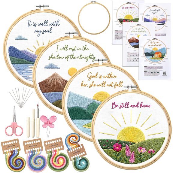 4 Pack Christian Embroidery Kit for Beginner with Hoop Threads