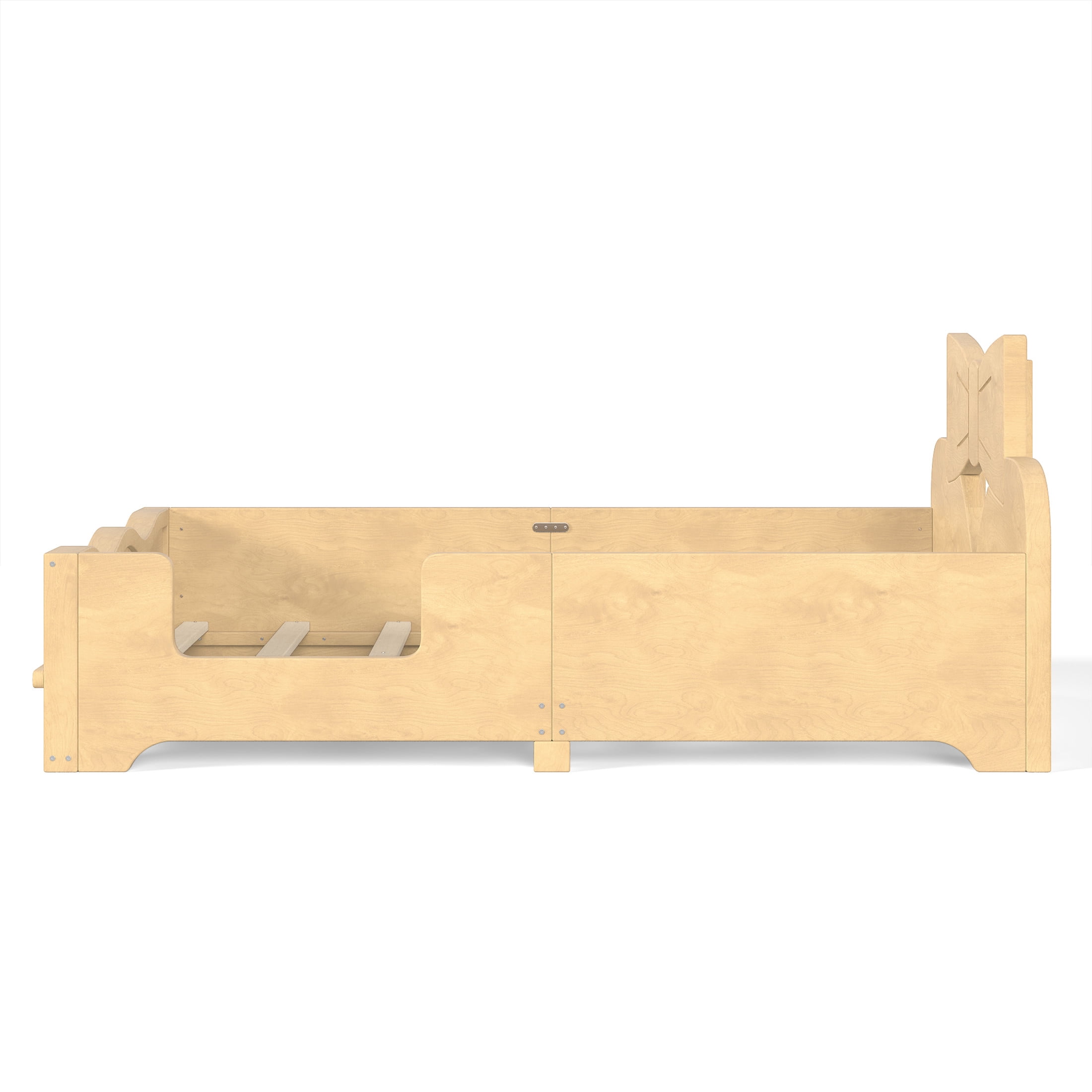 GDF Studio Twin Size Kids Platform Bed with Bowknot Headboard, Guardrails & Bookshelf, Natural