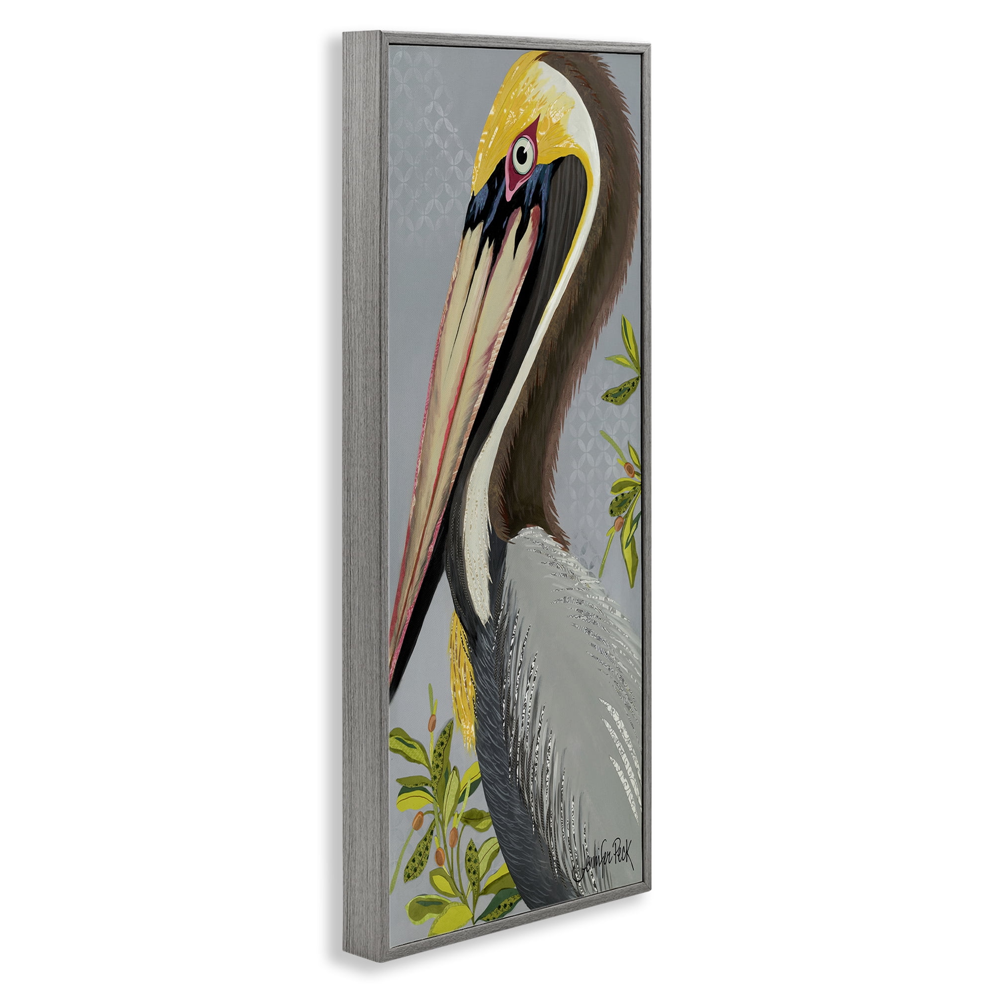 Stupell Industries Pelican on Grey Animals & Insects Painting Gray Framed Art Print Wall Art, 10 x 24
