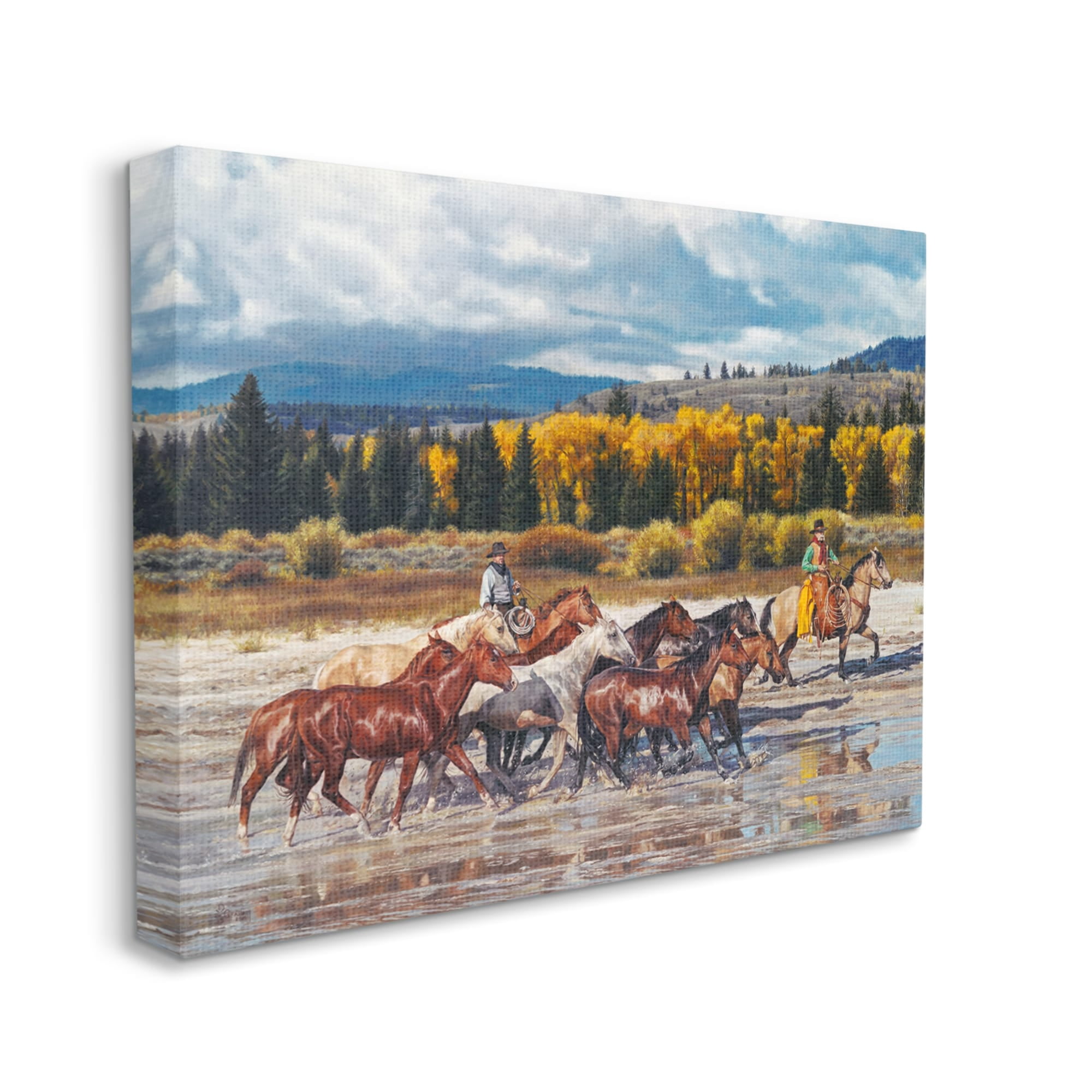Stupell Industries Cowboys Galloping River Landscape Animals & Insects Painting Gallery Wrapped Canvas Print Wall Art
