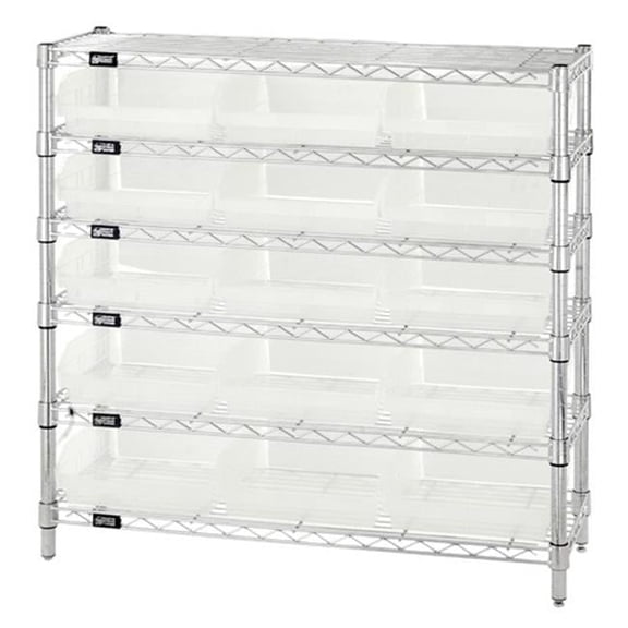 Quantum Storage WR6-36-1236-109CL 6 Shelf Wire Shelving Unit With 15 Clear Plastic Storage Bins, 12 x 36 x 36 in.