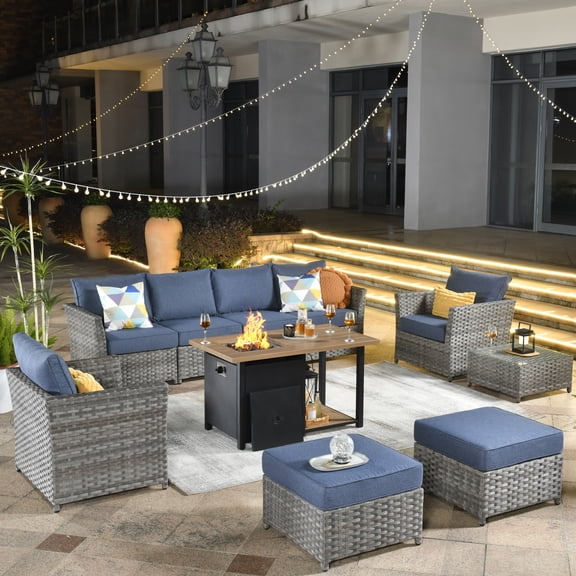 Vcatnet 10 Pieces Outdoor Patio Furniture Sectional Sofa All-weather Wicker Conversation Set with Fire Pit Table and Coffee Table for Garden,Backyard,Denim Blue