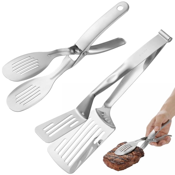 2 Pcs Cooking Tongs Set, 304 Stainless Steel Food Servers with Slotted Heads for Draining Oil, Ergonomic Lever-Type Steak Tongs & Detachable Design for Grilling, Buffet & Serving