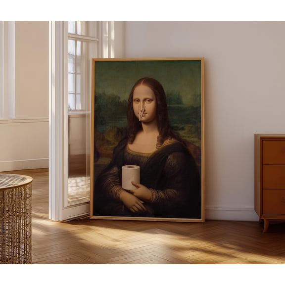 Monalisa Smelly Bathroom Wall Art, Poster With Tet Paper, Quirky Vintage Artwork For Modern Bathroom Decor, Unframed Canvas Size 8x12