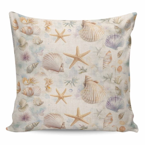 Throw Pillow Covers 20x20 Inch, Coastal Shell Conch Decorative Pillow Cases for Couch Sofa Bed, Summer Beach Starfish Burlap Cotton Linen Square Home Decor Pillowcases with Hidden Zipper